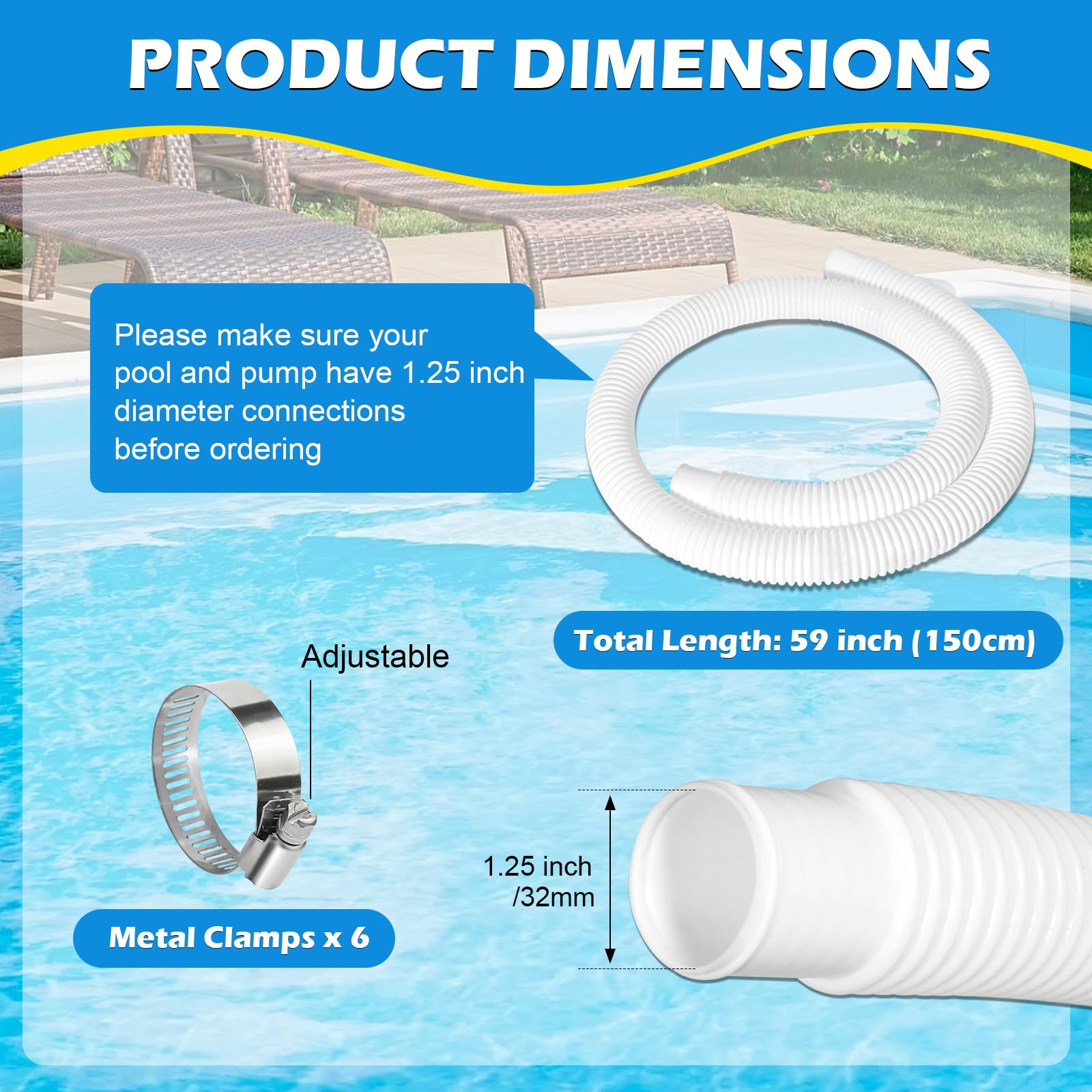 Three Picatu pool hoses with stainless-steel clamps
