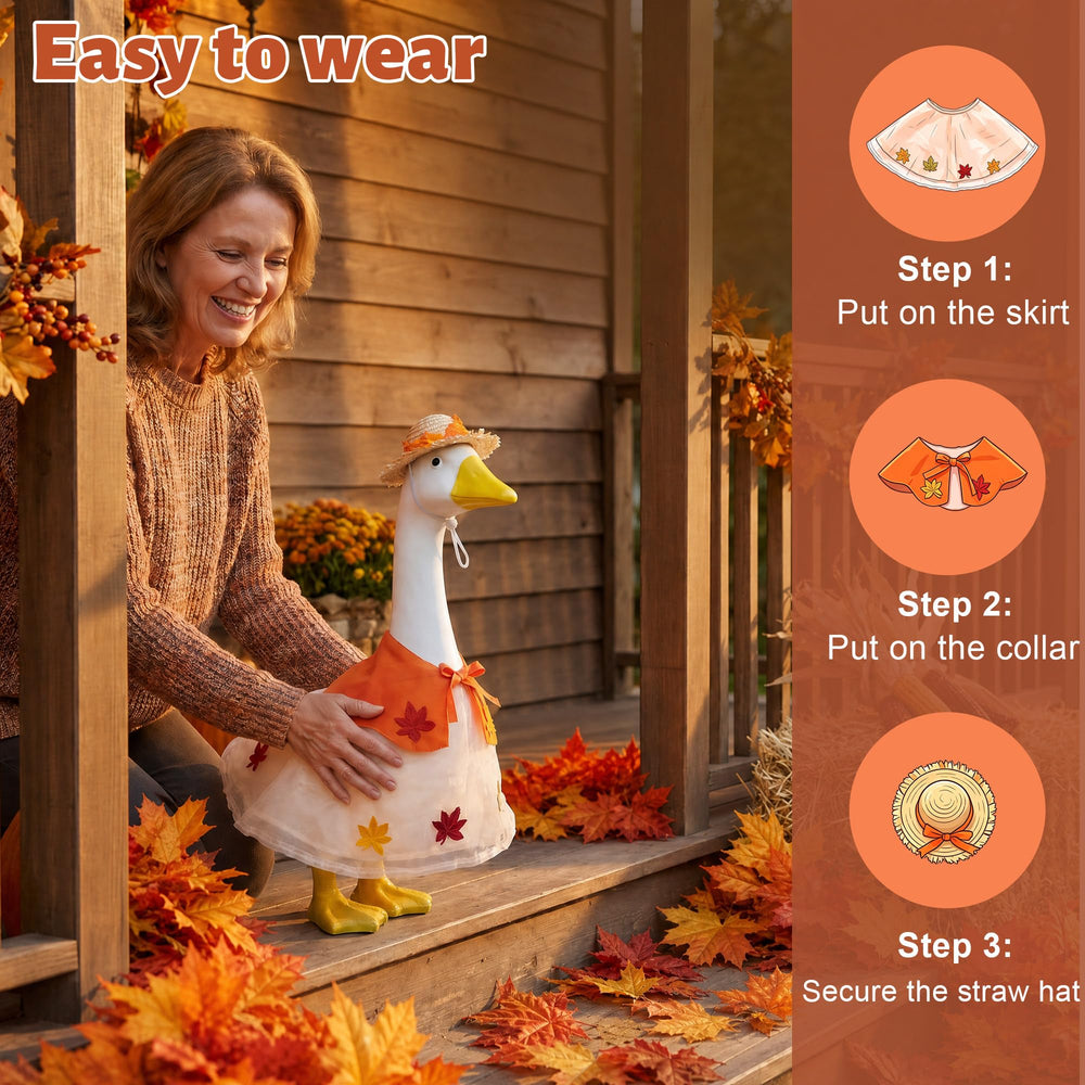 three pieces of fall porch goose outfits together