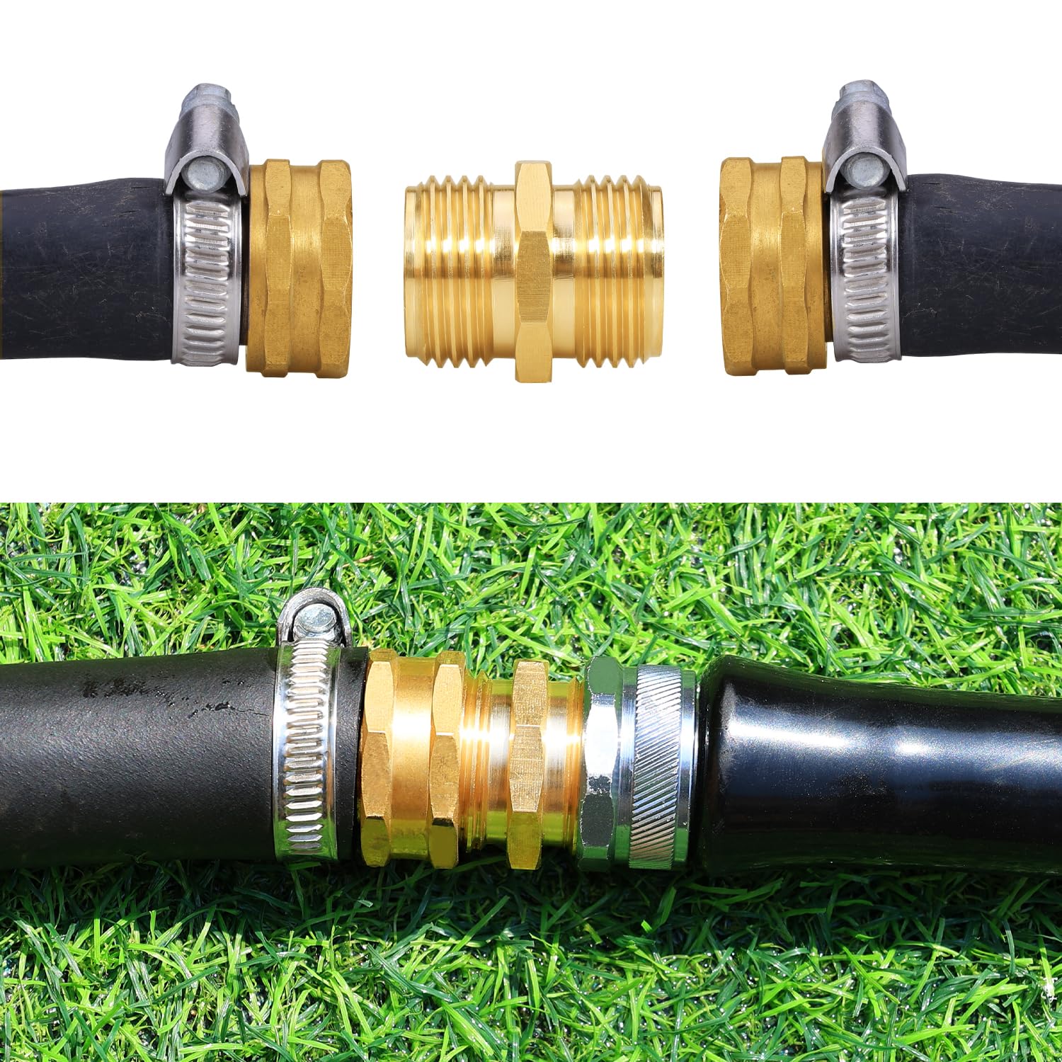 Three SIGURANTA brass connectors with sealing tape on a white background