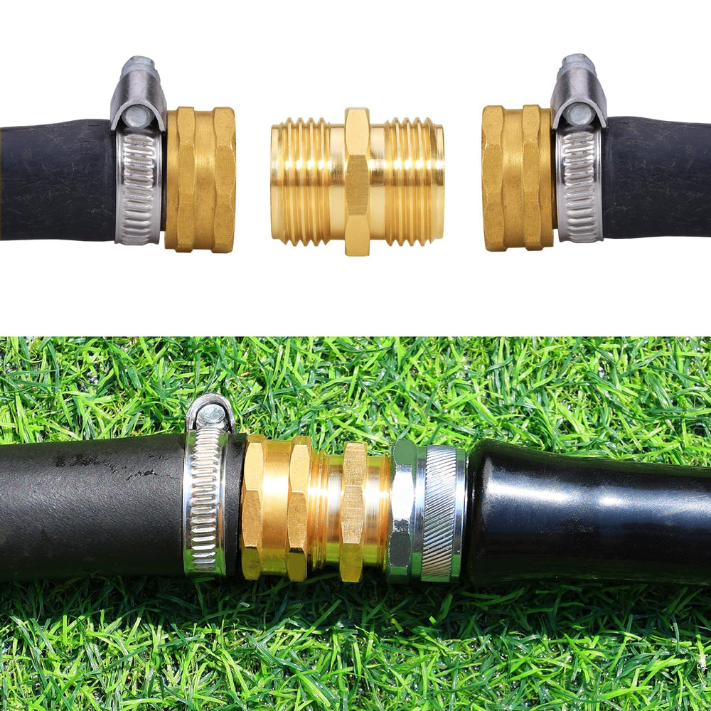 Three SIGURANTA brass connectors with sealing tape on a white background