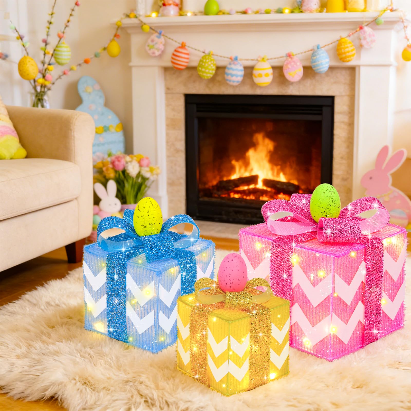 Three sizes of TURNMEON Easter lighted gift boxes stacked