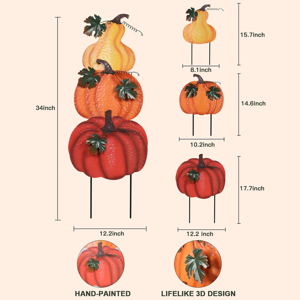 three stacked pumpkin garden stakes in a garden