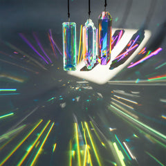 Three YU FENG Crystal Prisms hanging in a garden
