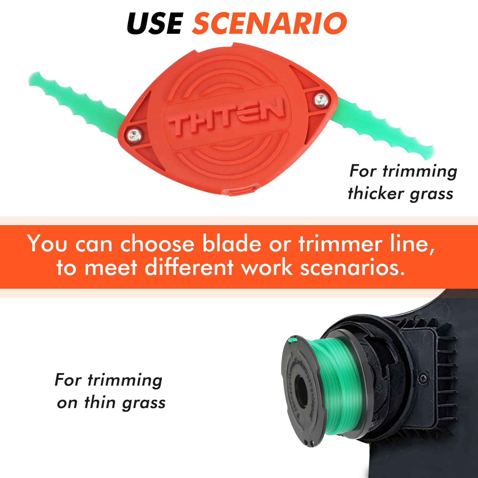 THTEN SF-080 Bladed Trimmer Head showing compatibility with Black+Decker models