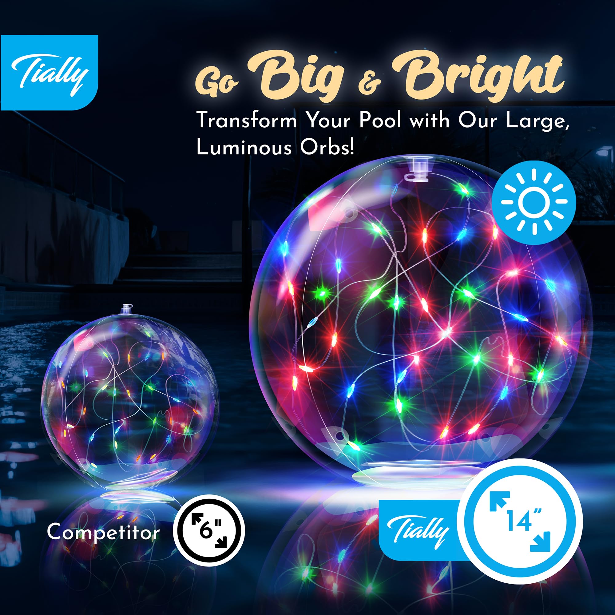 TIALLY solar floating pool lights illuminating a garden pond