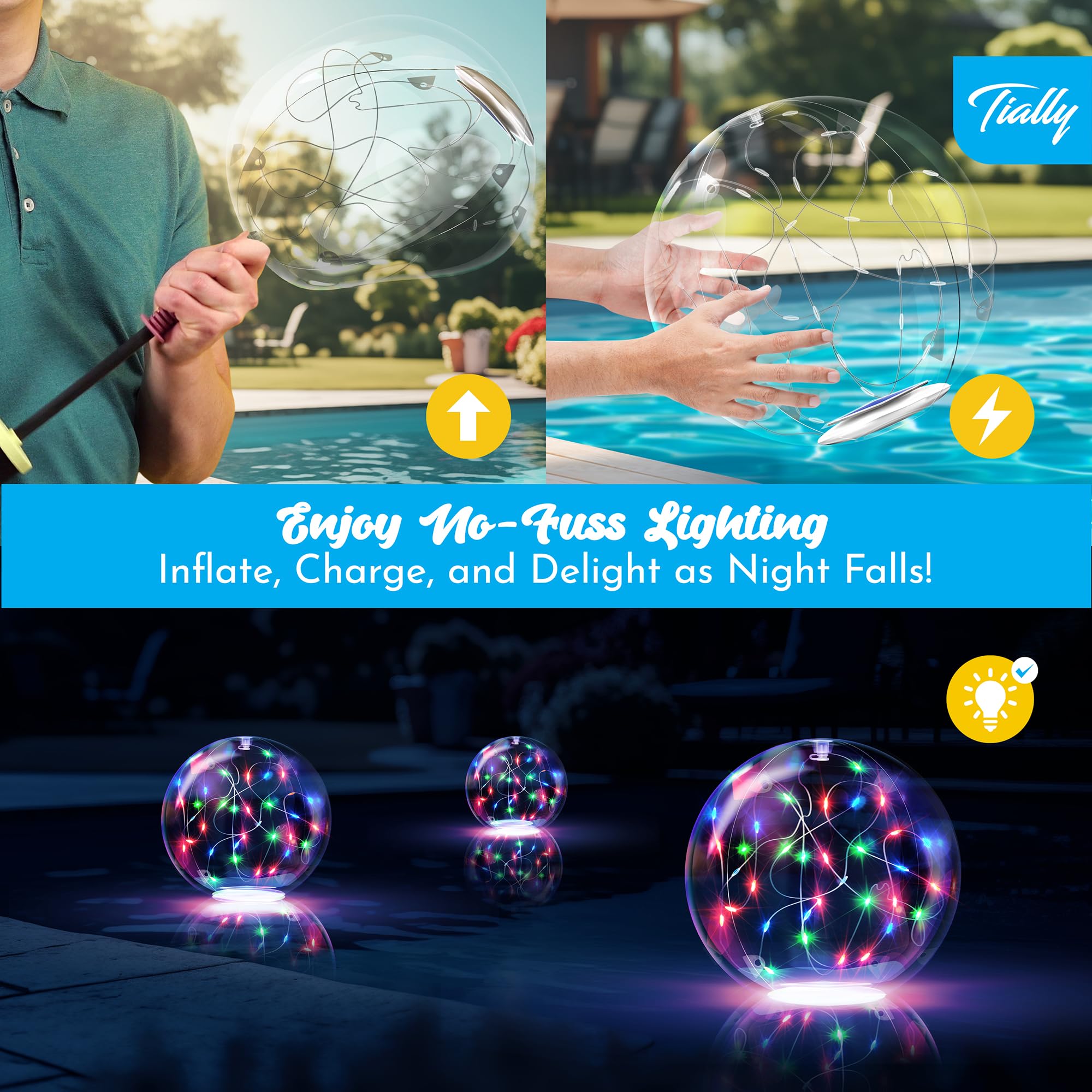 TIALLY solar floating pool lights packaging with product details