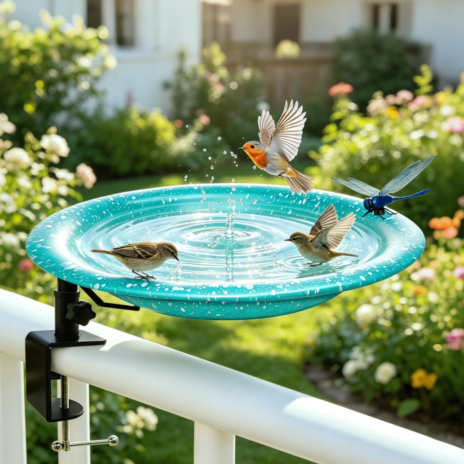 TIANCENTRAL H 11.5-inch Deck Mounted Birdbath in Sky Blue with Dots