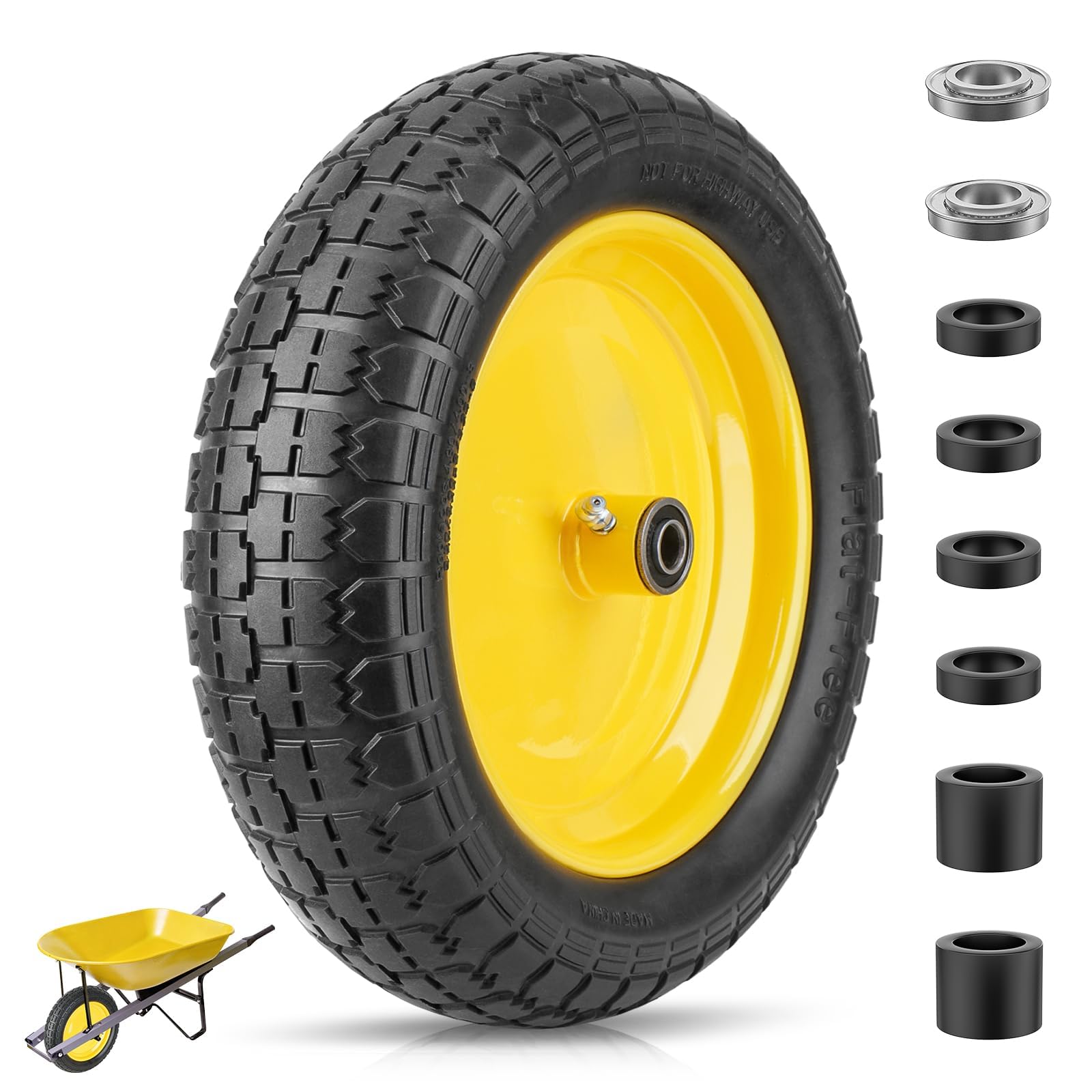 TICONN 4.80/4.00-8 flat free wheelbarrow tire front view, yellow