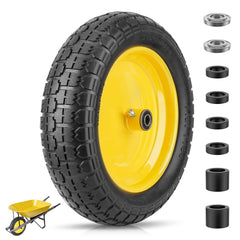 TICONN 4.80/4.00-8 flat free wheelbarrow tire front view, yellow