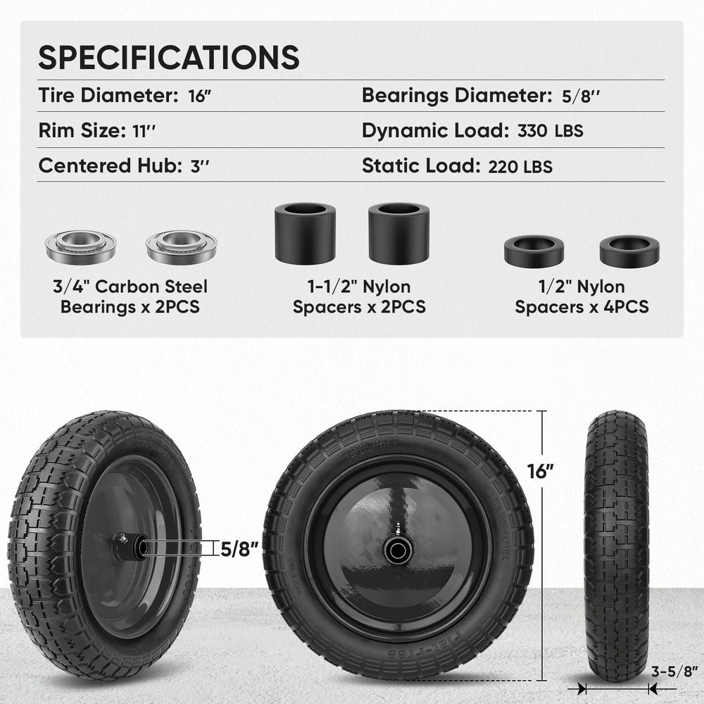 TICONN flat free wheelbarrow tire mounted on a cart