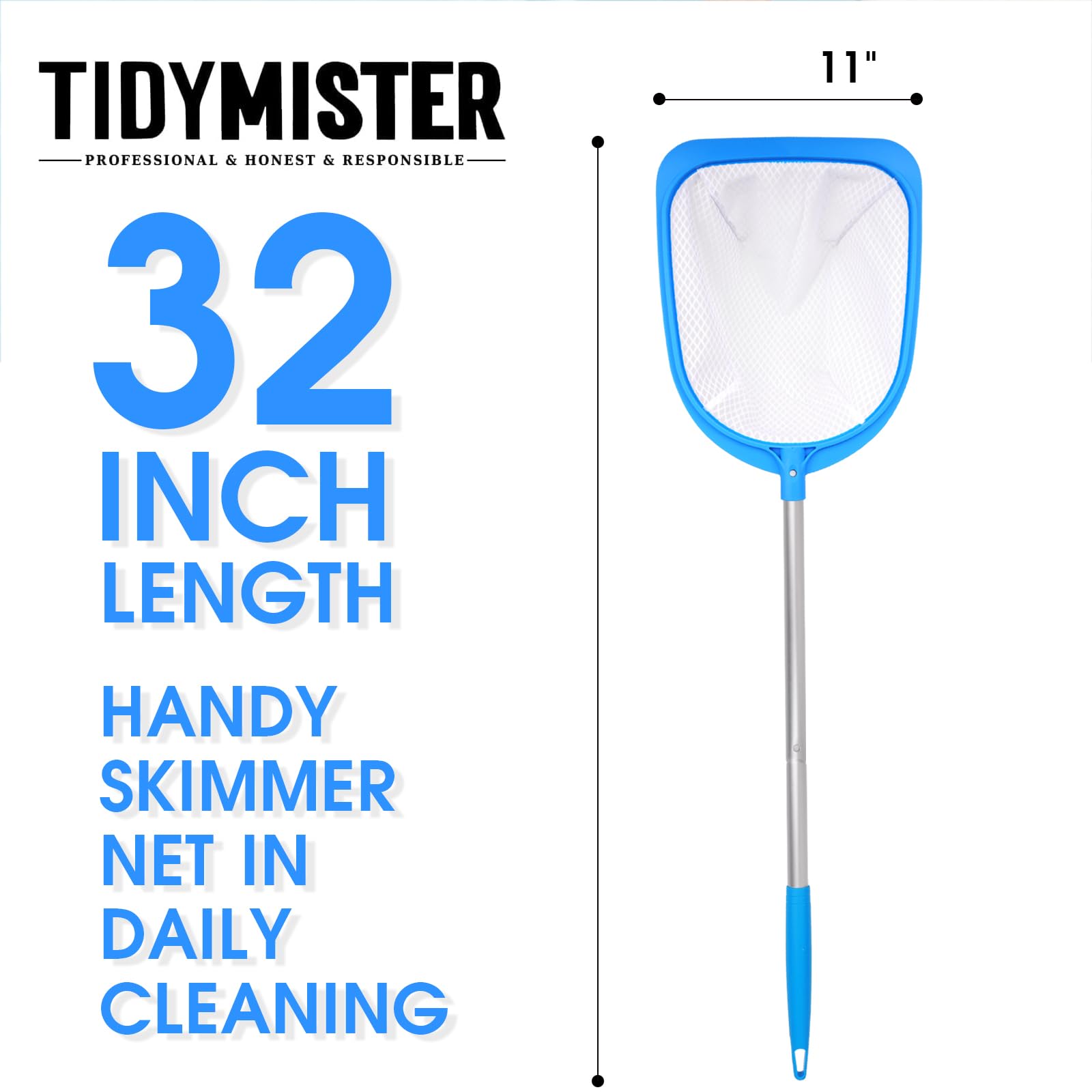 TidyMister 32'' Spa Skimmer Net in use, scooping debris from a pool