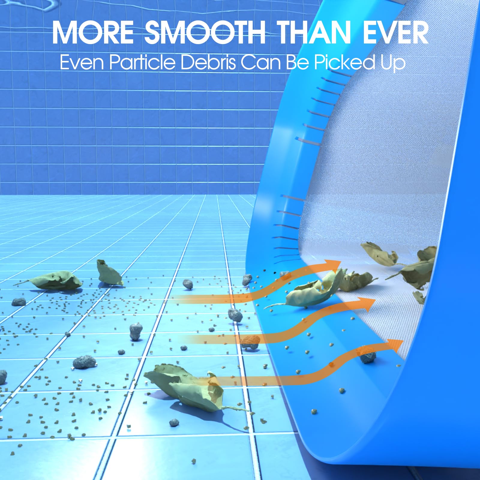 TidyMister skimmer net capturing debris in a pool