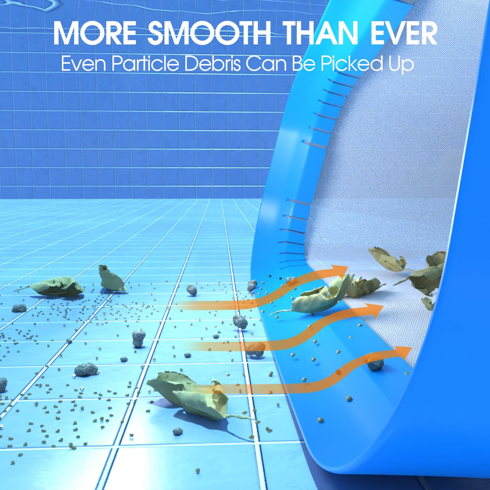TidyMister skimmer net capturing debris in a pool
