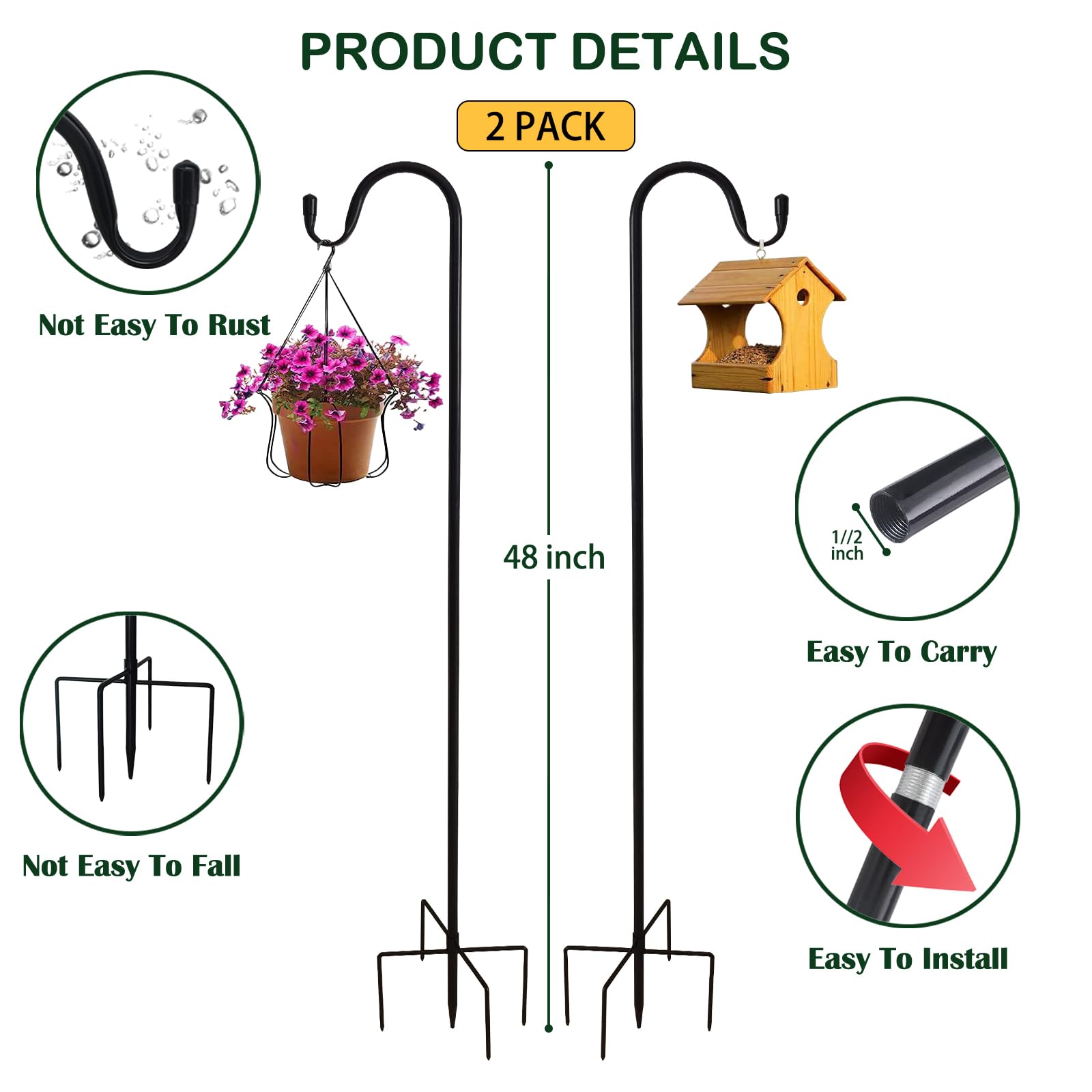 TIEBOLA shepherd hooks 2 pack, black metal construction