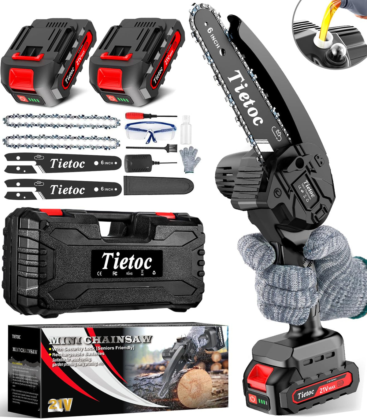 Tietoc Mini Chainsaw 6 Inch cordless black model front view