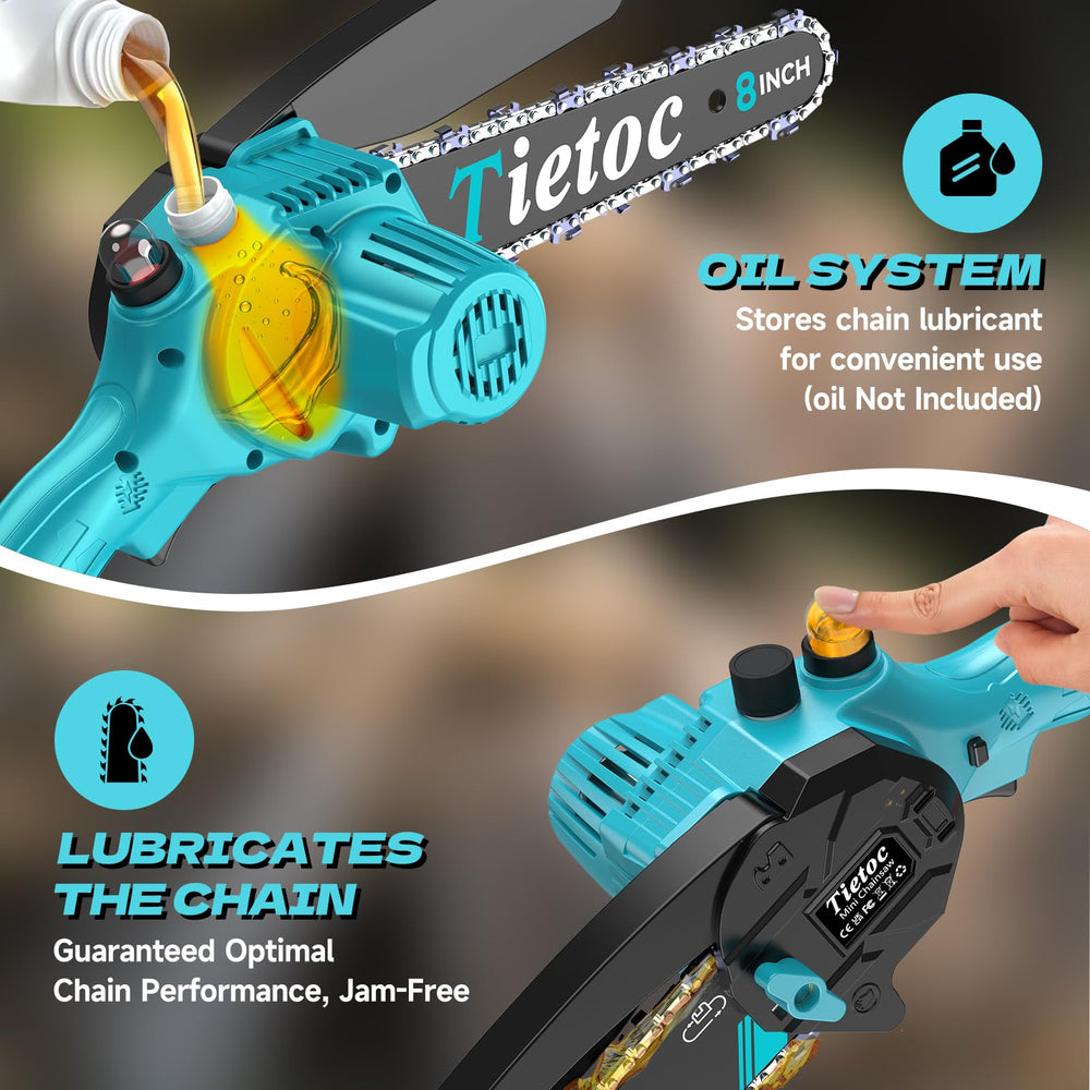 Tietoc Mini Chainsaw showing automatic lubrication system