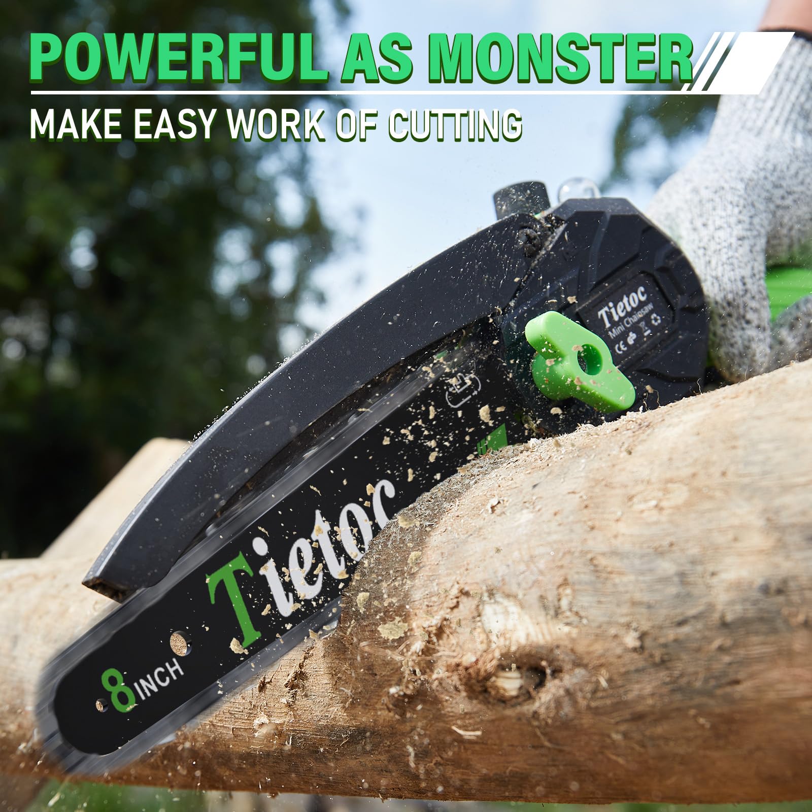 Tietoc Mini Chainsaw showing safety features and grip