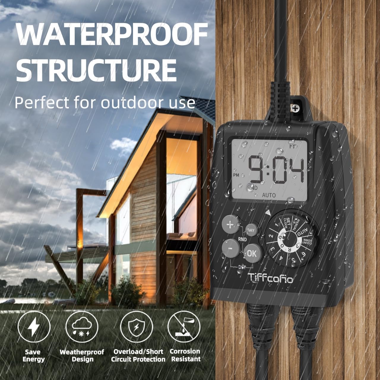 Tiffcofio Digital Outdoor Timer with water droplets, highlighting waterproof feature