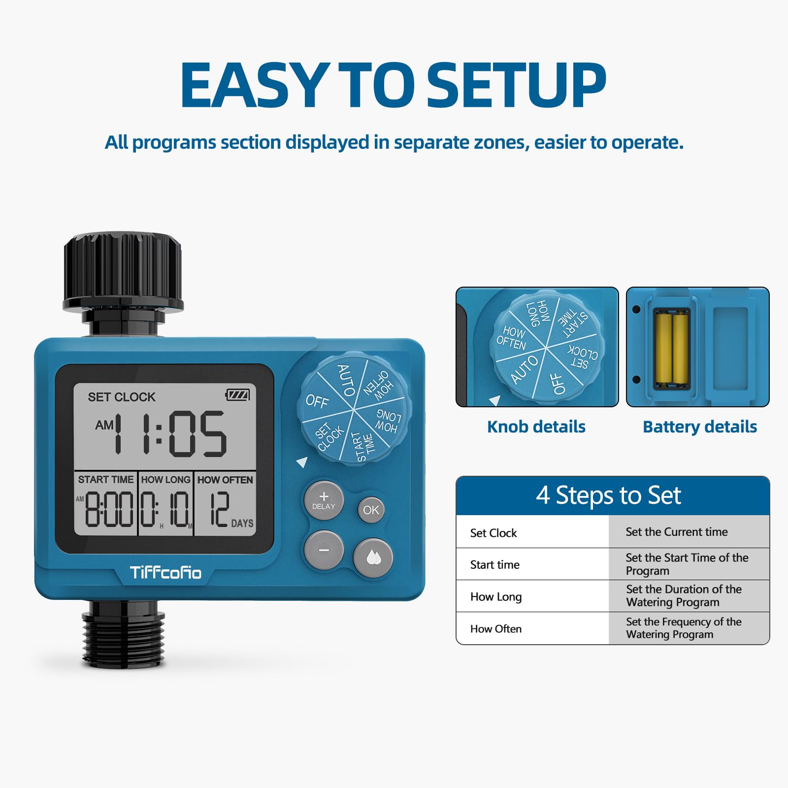 Tiffcofio Sprinkler Timer attached to garden hose