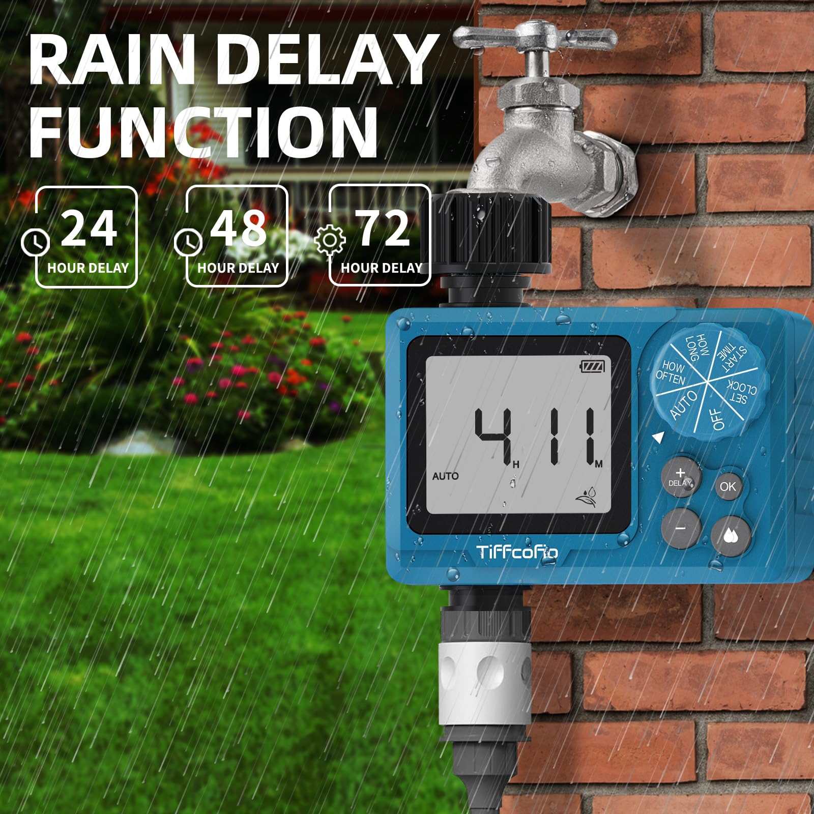 Tiffcofio Sprinkler Timer in an outdoor garden setting