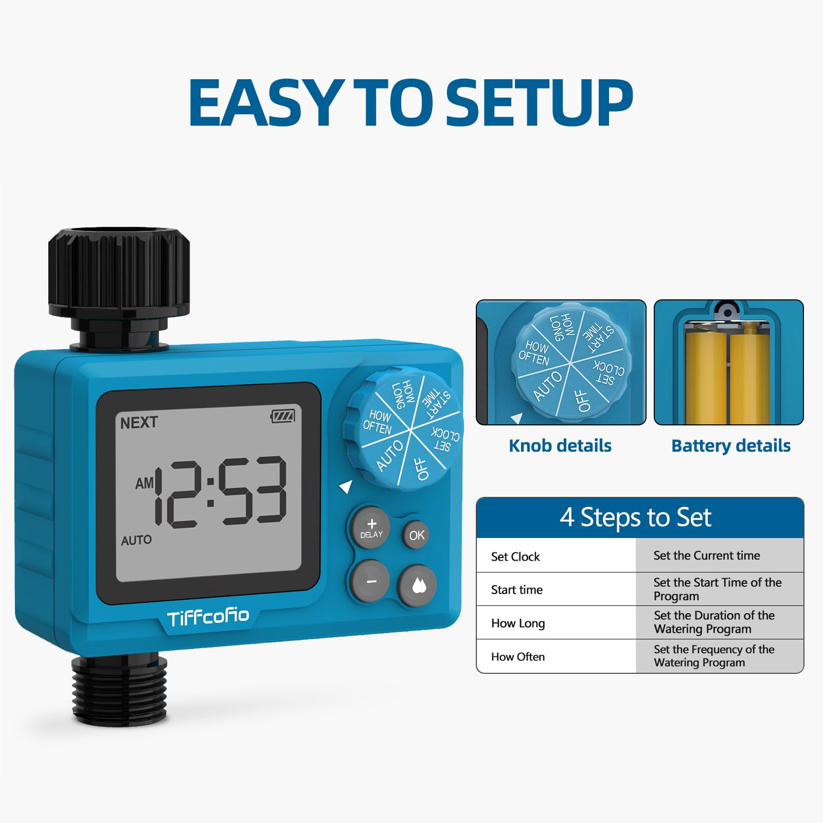 Tiffcofio Sprinkler Timer installed on a garden hose