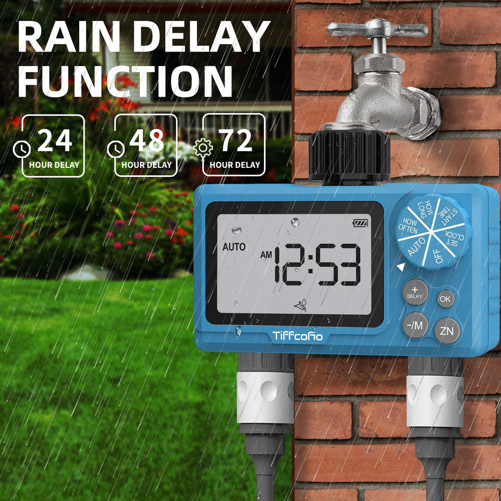 Tiffcofio Sprinkler Timer Outdoor with rain delay function highlighted