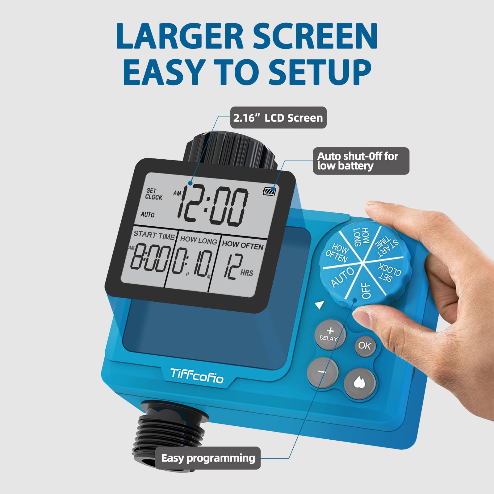 Tiffcofio Sprinkler Timer showing programming knob