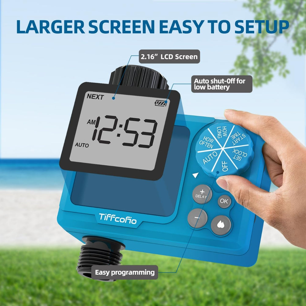 Tiffcofio Sprinkler Timer side view showing dial controls