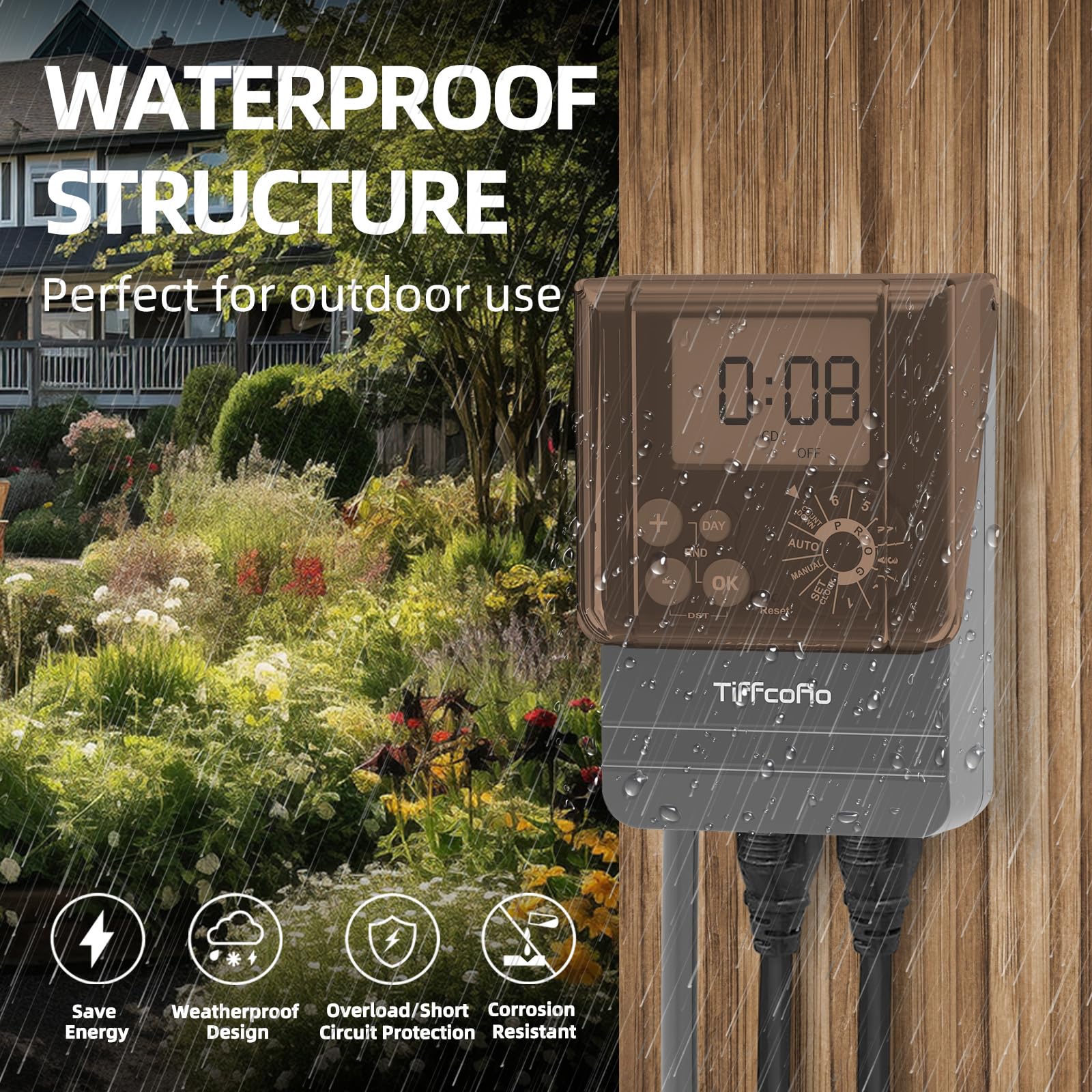 Tiffcofio timer in outdoor setting with garden lights