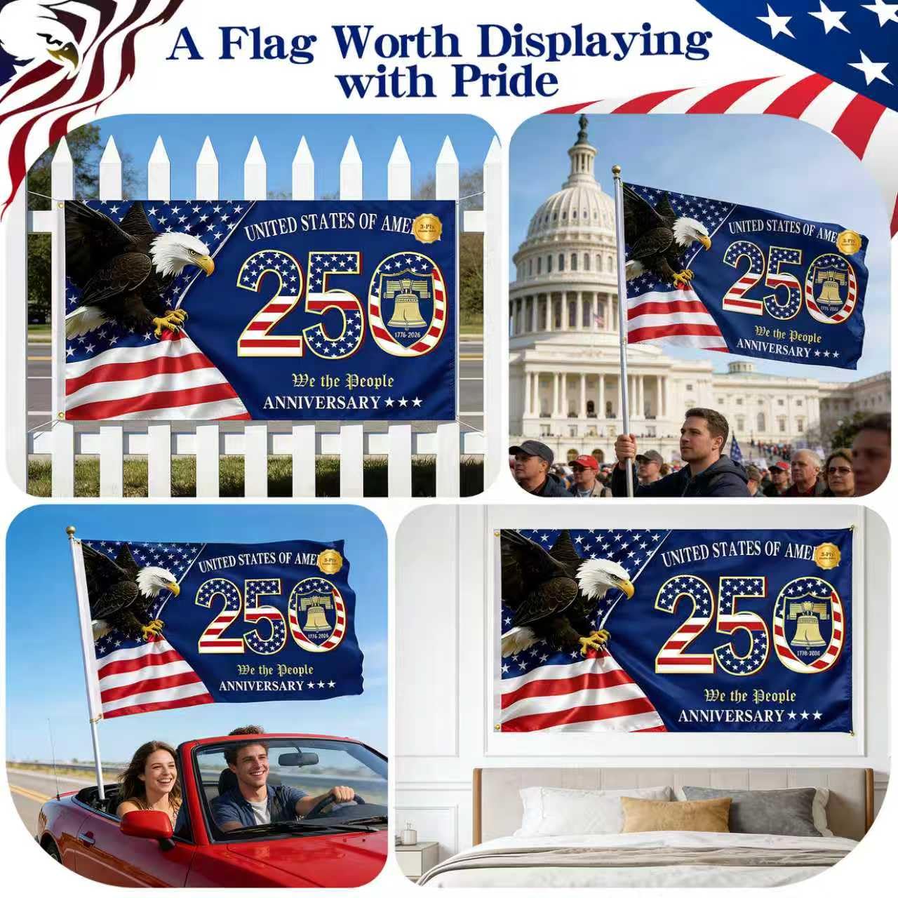 TIFFYONEK 250th Anniversary Flag displayed in garden setting