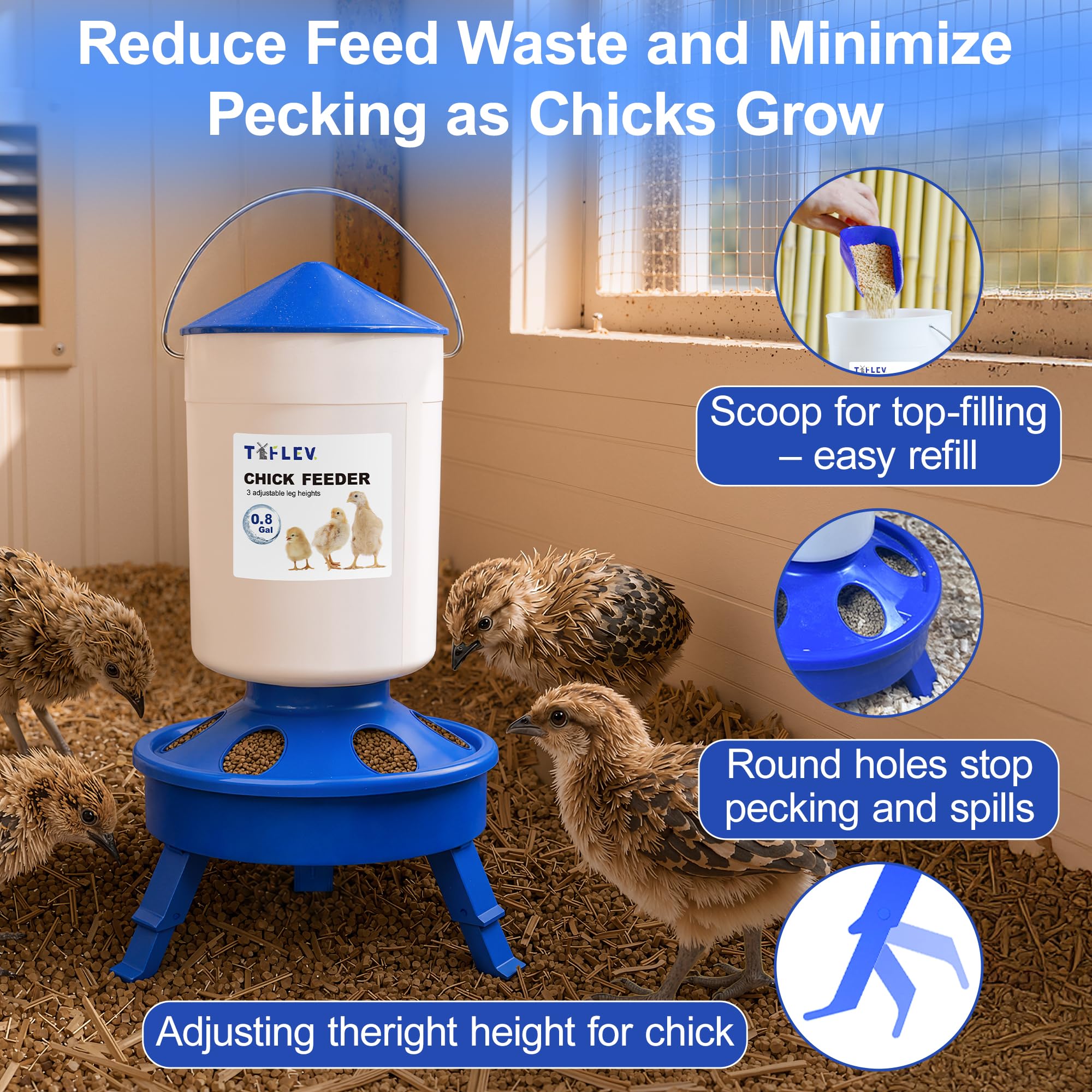 Tiflev Chick Feeder top-fill opening with scoop