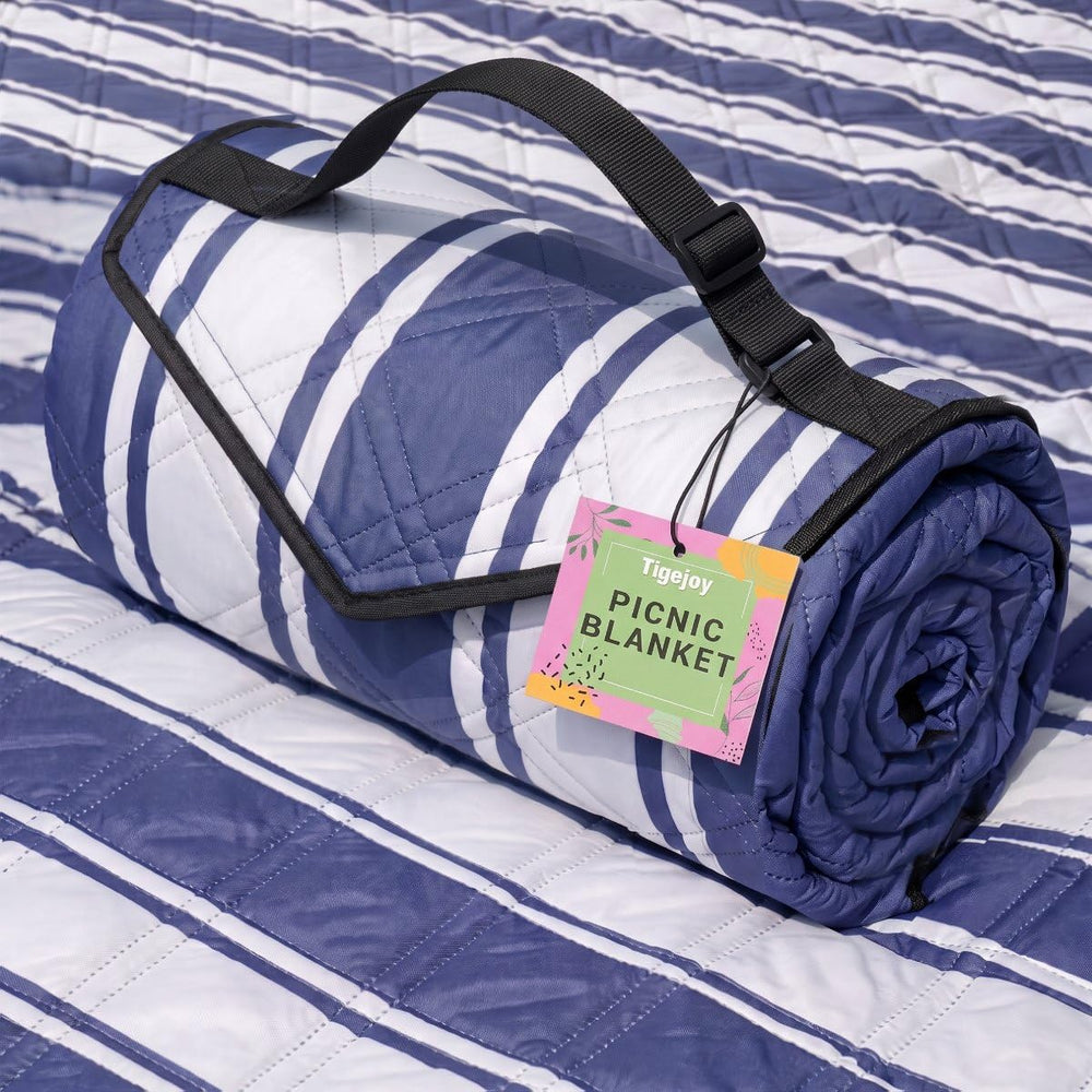 TigeJoy Beach Blanket 80" x 80" navy blue stripes front view