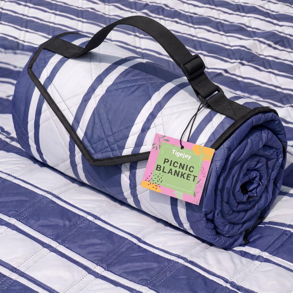 TigeJoy Beach Blanket 80" x 80" navy blue stripes front view
