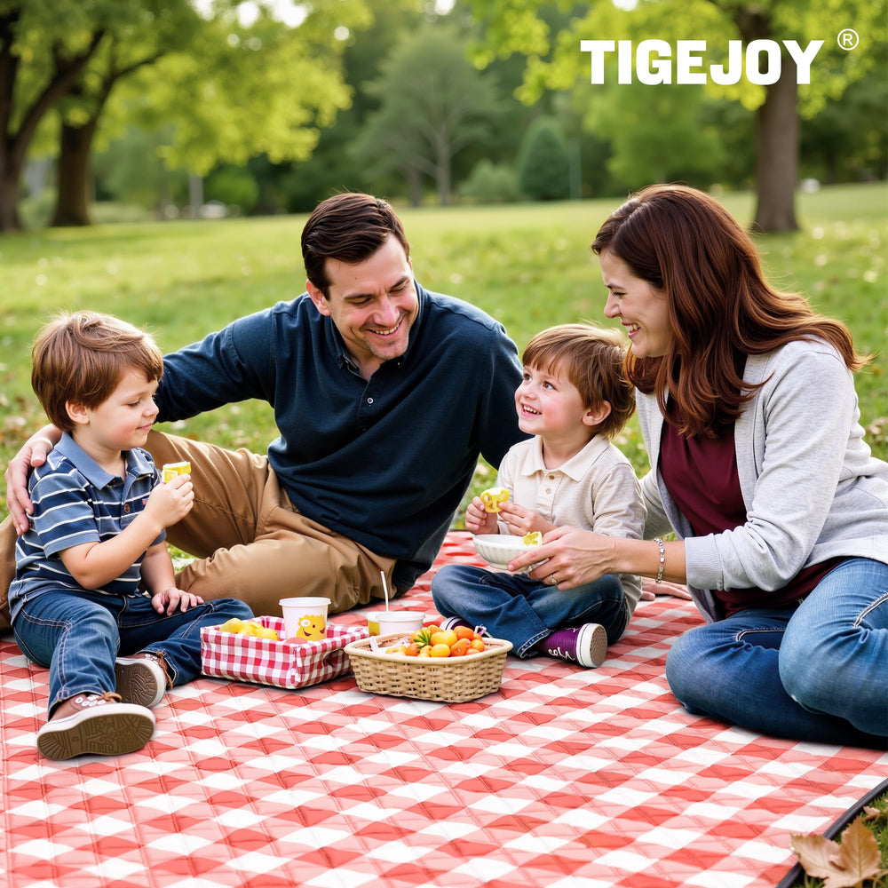 TigeJoy picnic blanket with family enjoying outdoor meal