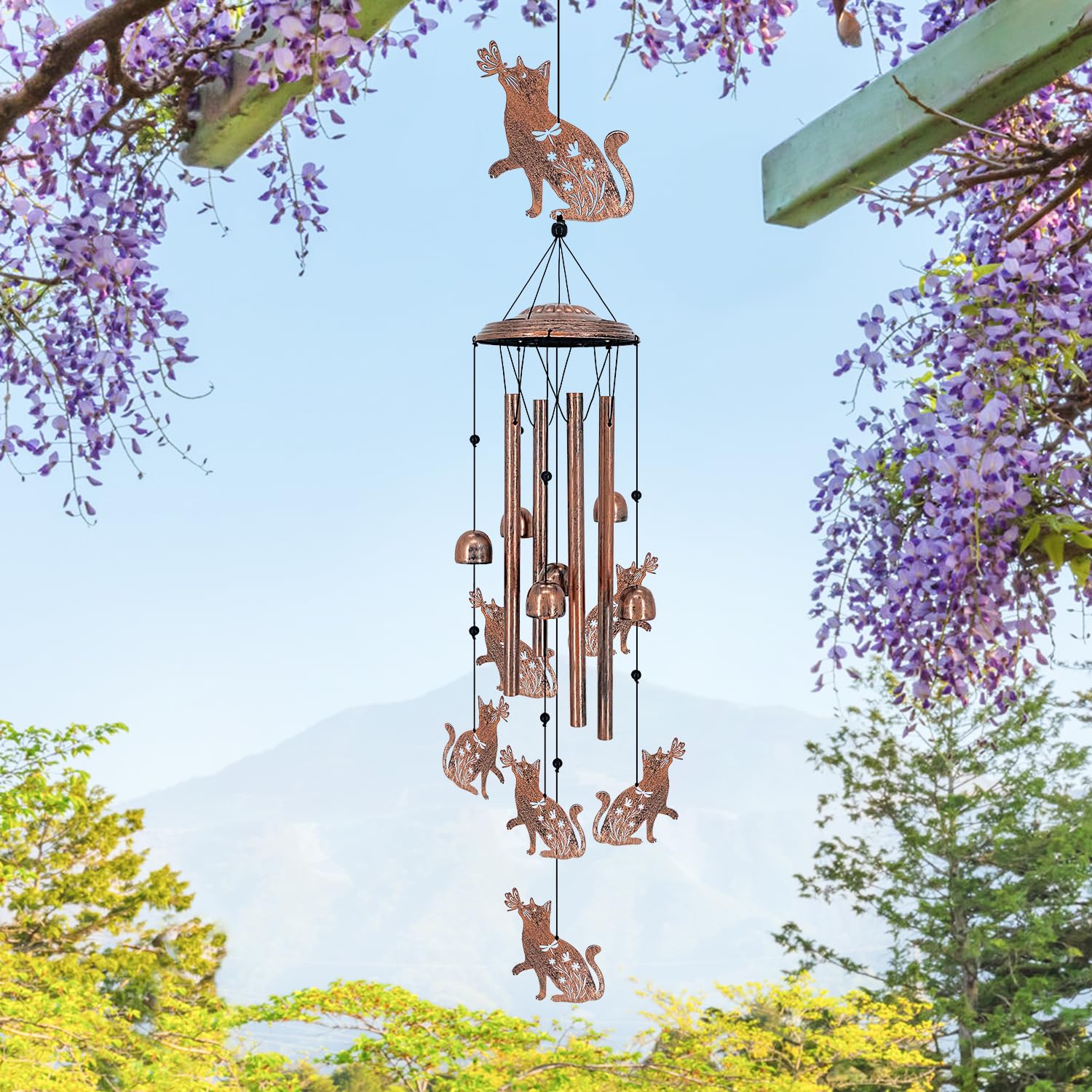 TIGGSY Cat Wind Chime close-up of antique bronze finish