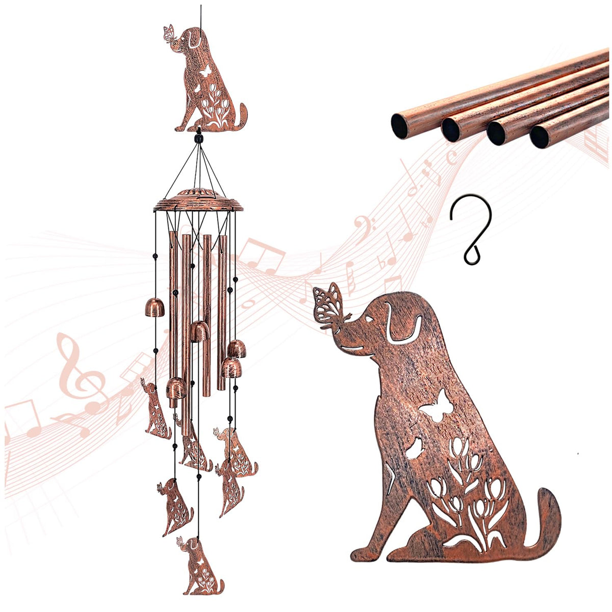 TIGGSY Dog Wind Chimes with a large dog and six small dogs, brown
