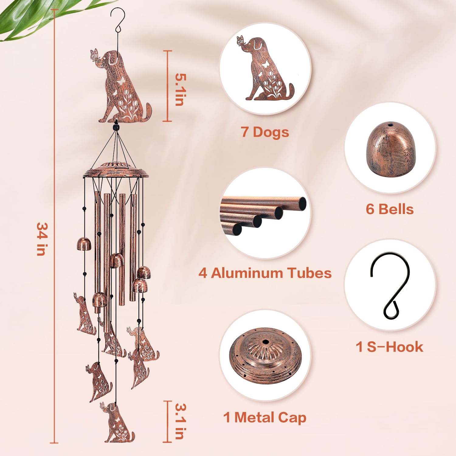 TIGGSY Dog Wind Chimes with S-shaped hook and top cover
