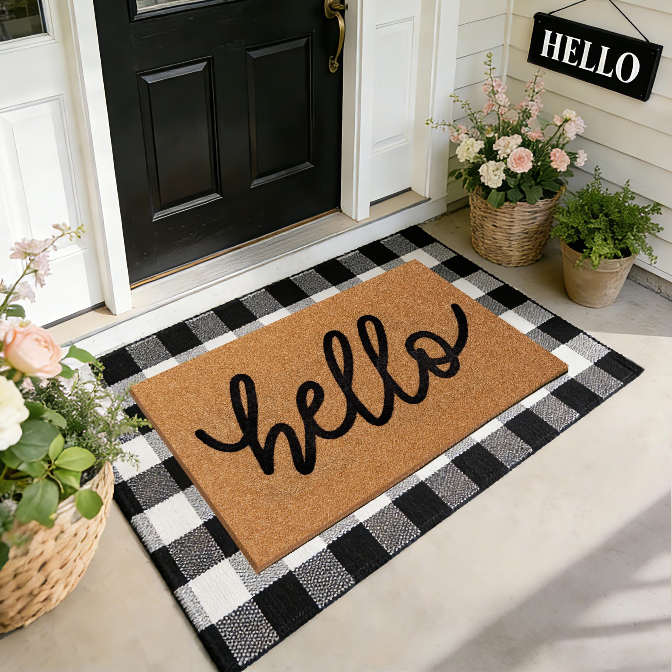 TIKIRUGI 2 Pcs Welcome Door Mat Set featuring a Hello Mat and Buffalo Plaid Rug