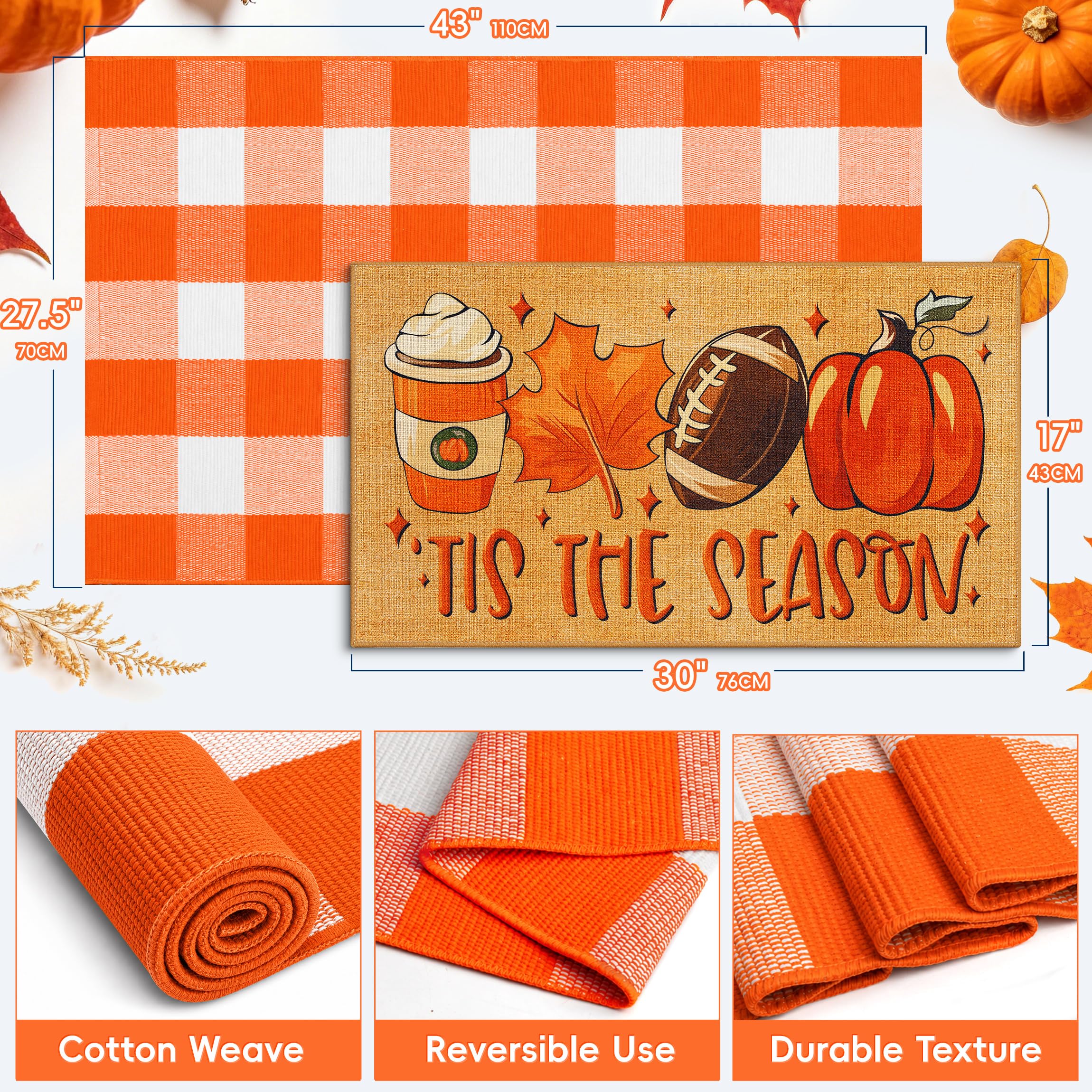 TIKIRUGI pumpkin welcome mat layered on plaid rug