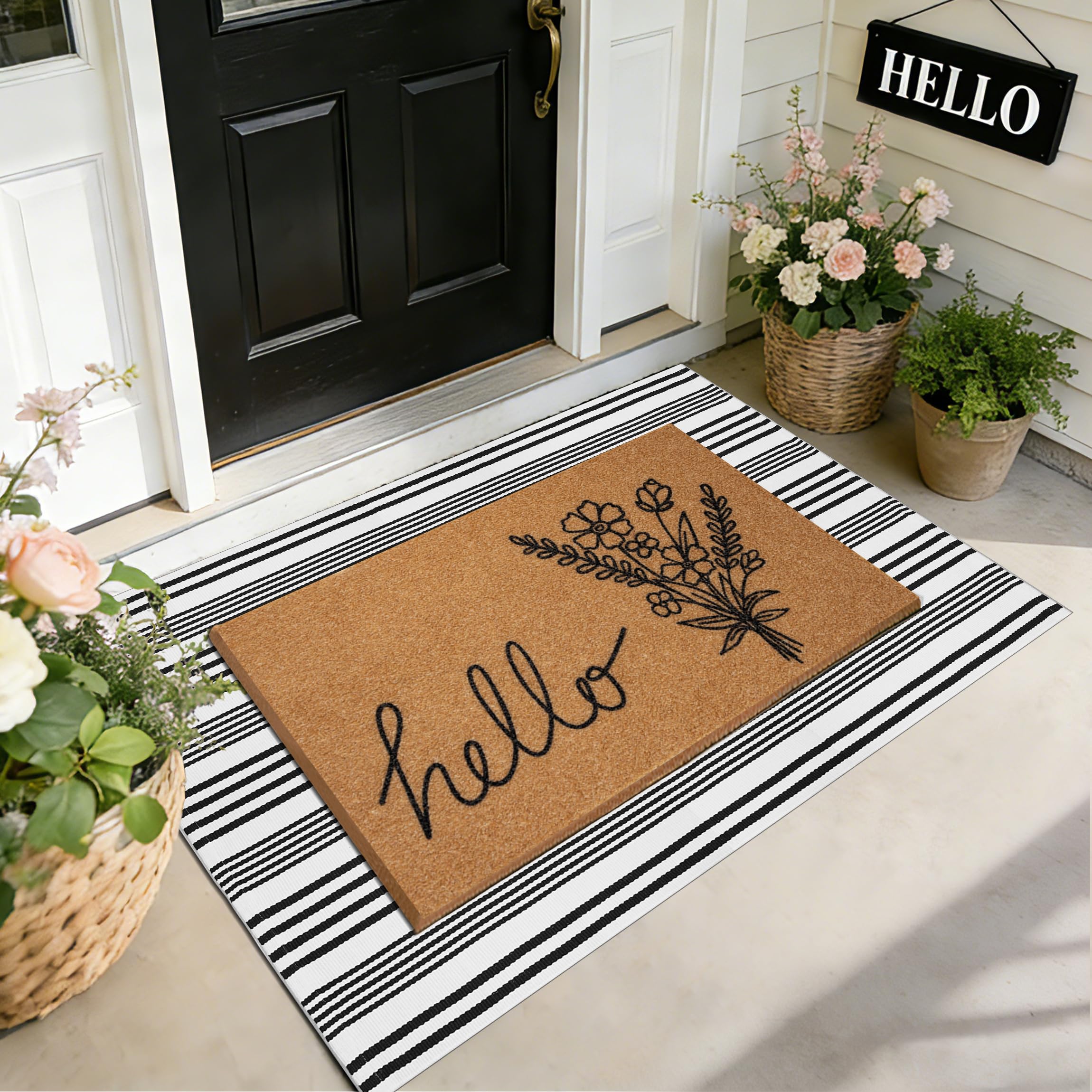 TIKIRUGI Spring Welcome Door Mat Set featuring wildflower and striped designs