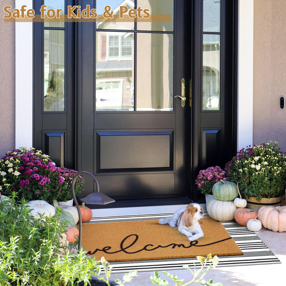 TIKIRUGI striped outdoor rug in a front porch setting