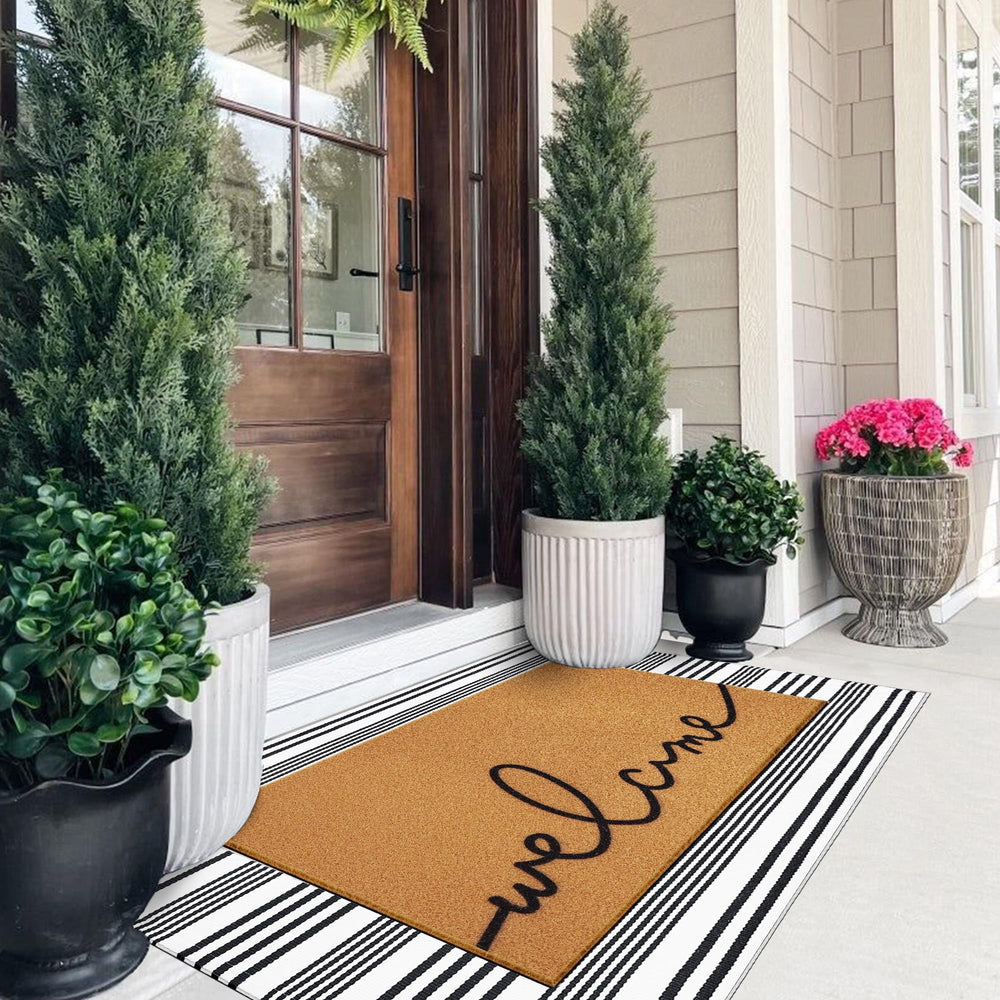 TIKIRUGI Summer Door Mat Set dimensions displayed with a tape measure
