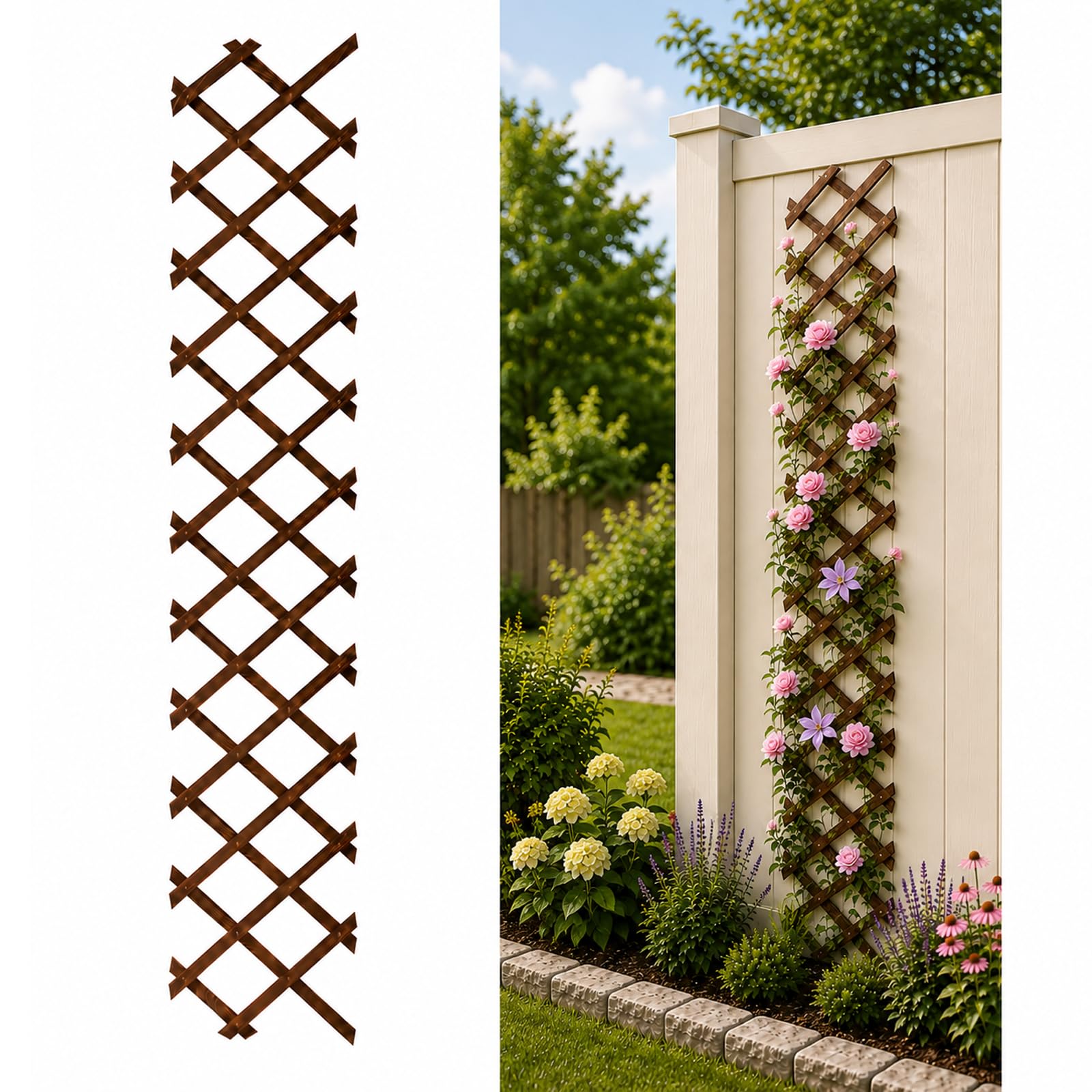 Tilinyan & one Expandable Garden Trellis side view with natural wood grain