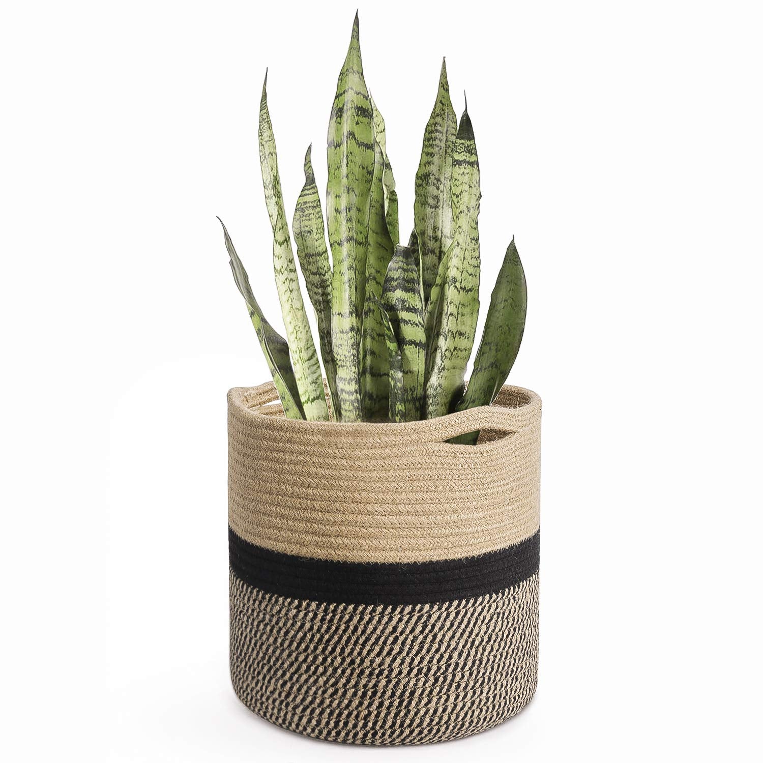 TIMEYARD Jute Rope Plant Basket front view with black bottom