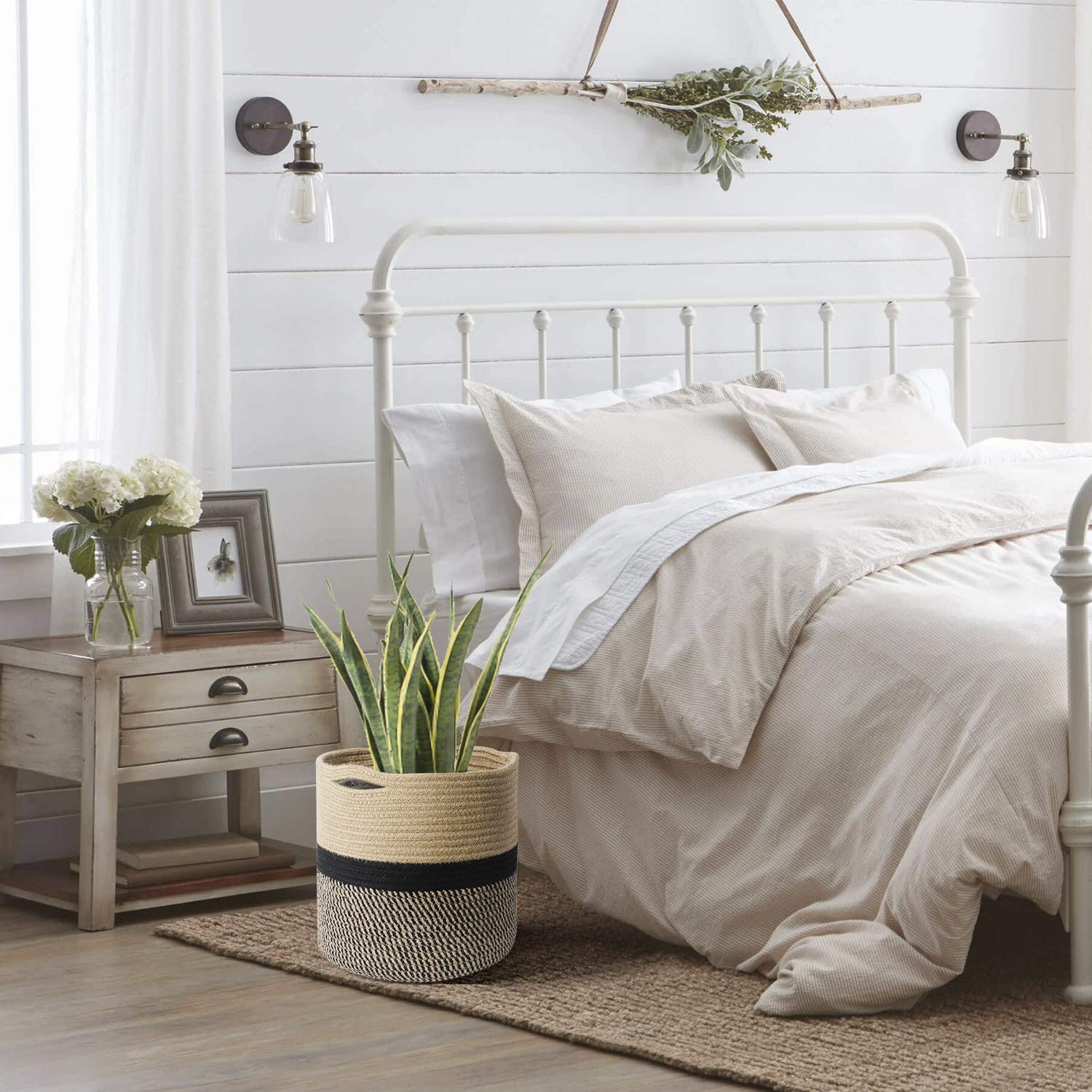 TIMEYARD Jute Rope Plant Basket in a home decor setting