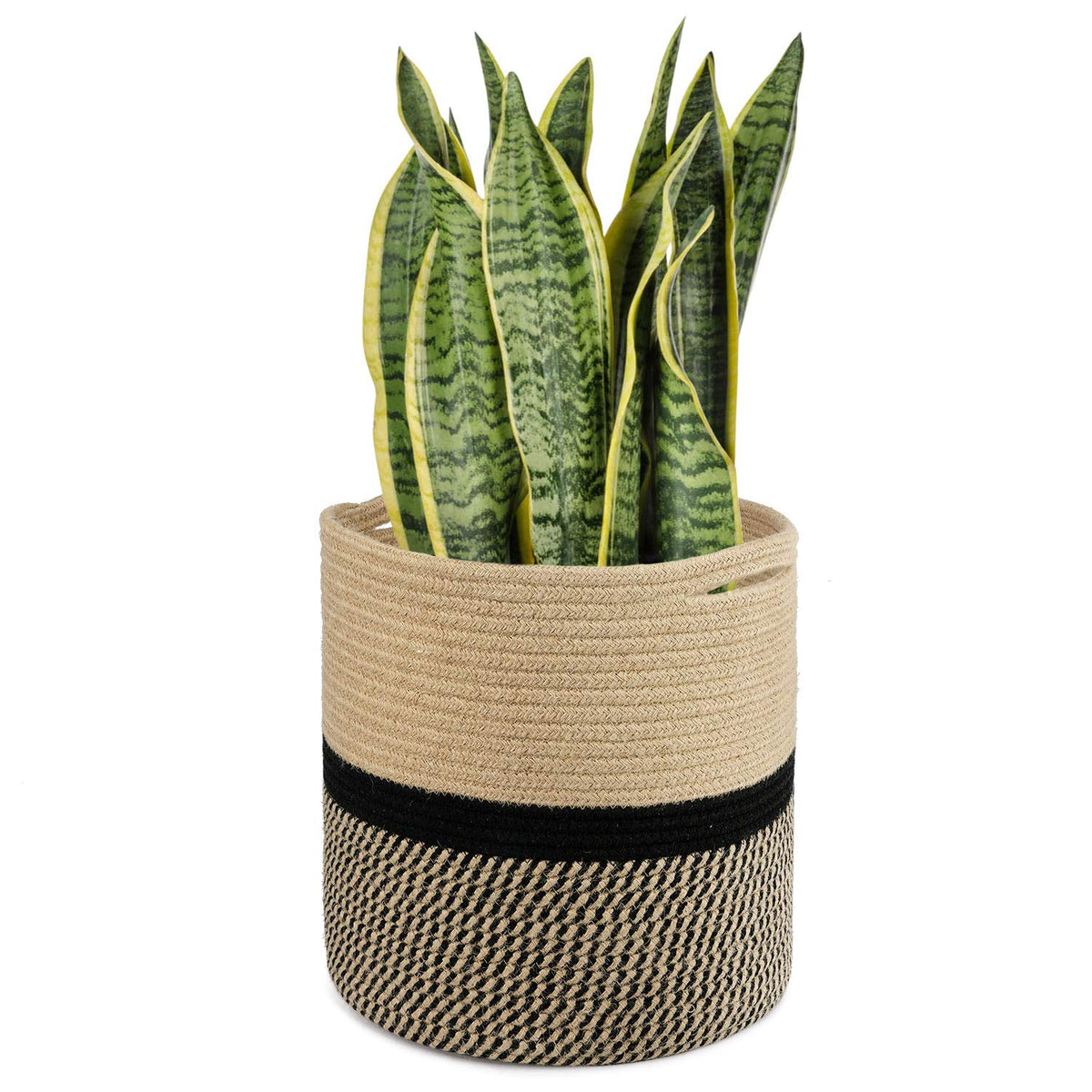 TIMEYARD Large Jute Plant Basket front view, black and jute
