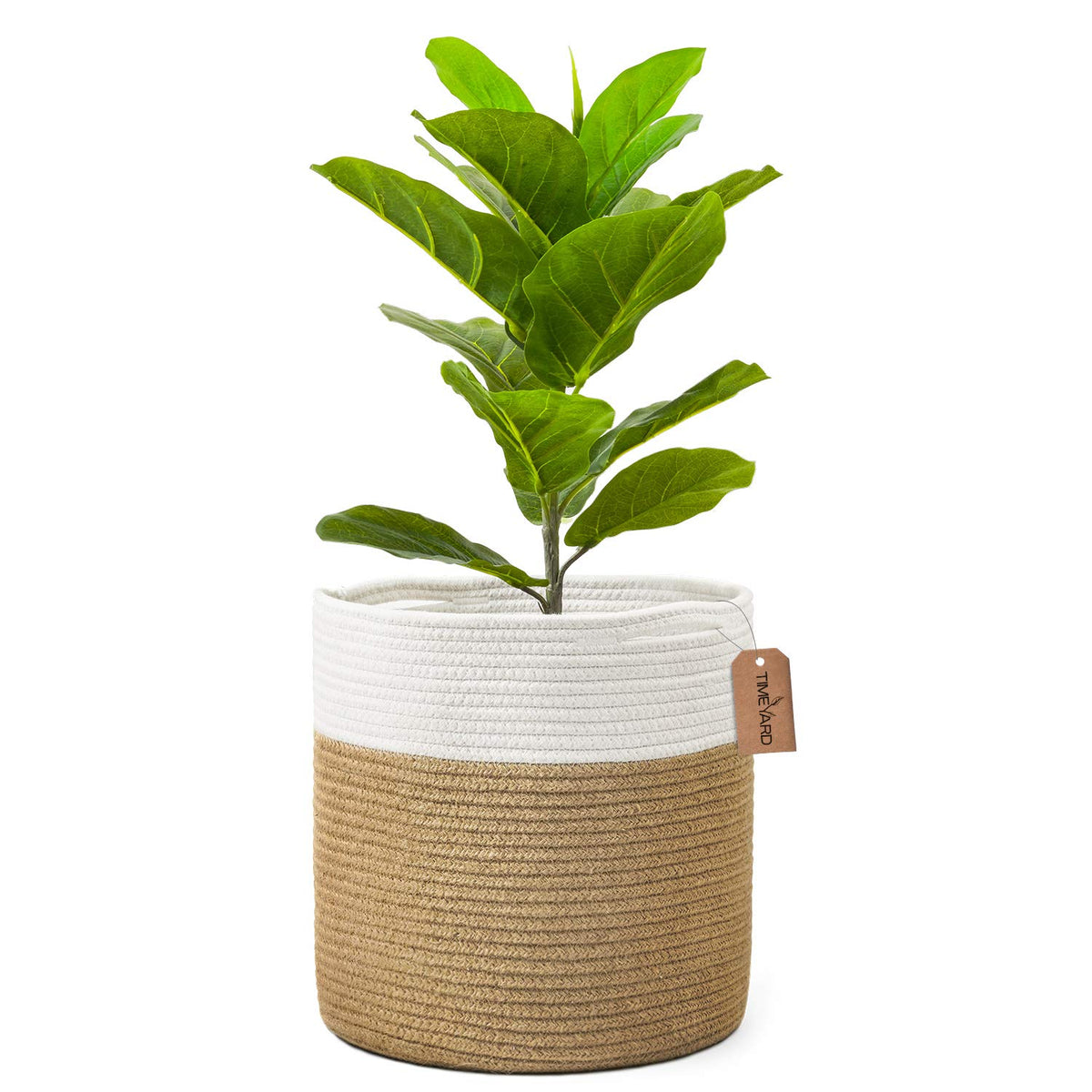 TIMEYARD Large Plant Basket front view in jute mixed white