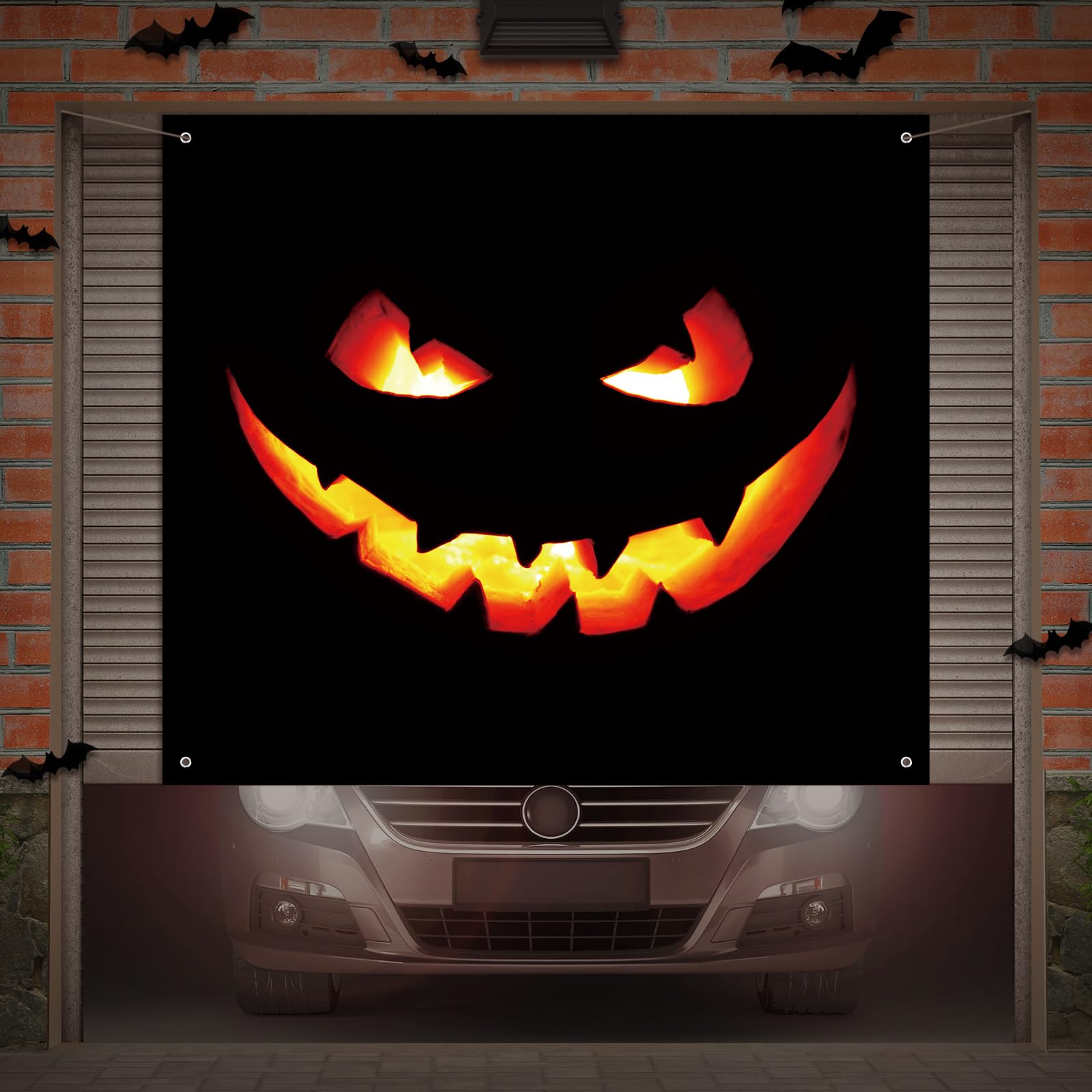 Tingjoo Halloween decoration hanging on a garage door