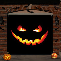 Tingjoo Halloween Garage Door Decoration Banner front view, multicolored pumpkin design