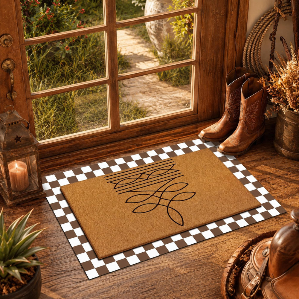 Tinideya 2 Pcs Layered Doormat Set with checkered base rug and welcome mat